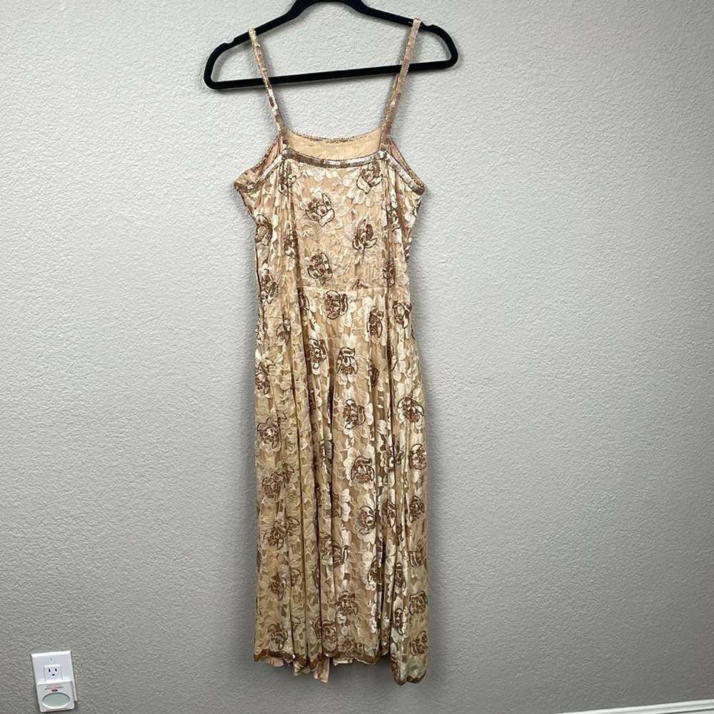 NWT Channa Deadstock Sequin Floral Lace Midi A Line Dress Gold Hand Crafted Sz M - Picture 3 of 16